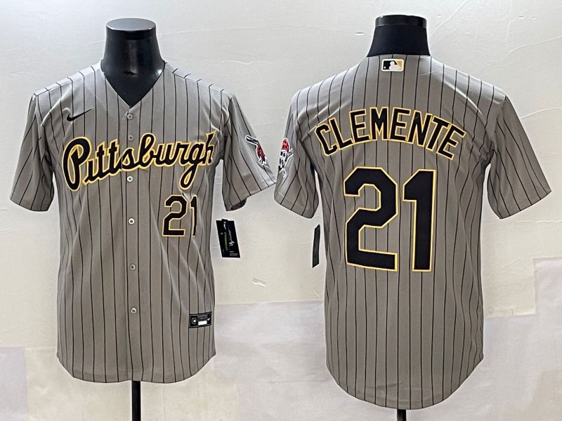 Men 2025 Pittsburgh Pirates #21 Clemente Grey Stripe Throwback Nike MLB Jersey style 1